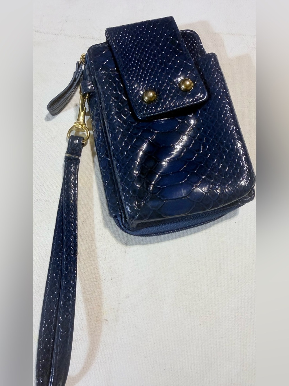 Guess Navy Patent Snake-Embossed Wristlet Clutch with Gold Hardware